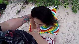Hidden blowjob and creampie in dunes with tight pussy!