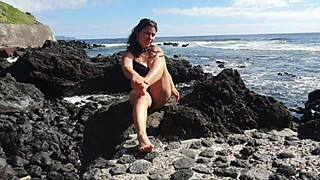 foot fetish seduction on public beach with big natural tits