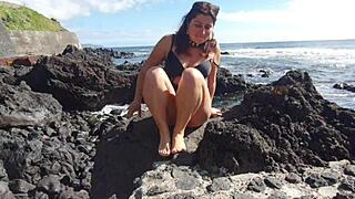 foot fetish seduction on public beach with big natural tits