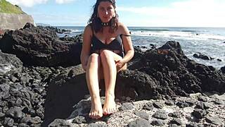 foot fetish seduction on public beach with big natural tits