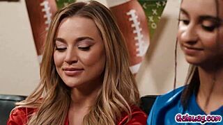 steamy foursome with sexy ladies nicole doshi hailey rose and ameena green and blake blossom while watching a football game