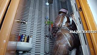 Ebony couple shower intimacy