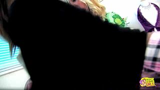 An innocent blonde cutie gets caught masturbating by a luscious vixen with big tits?