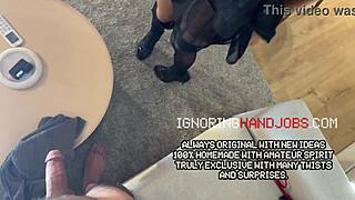 What a hottest brunette babe in a black dress gives a small 18+ dick guy a really intensive and hot handjob by teasing and seducing him?