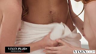 Vixen redheads Myra and Scarlet share cock passionately