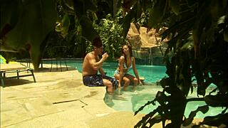 Beautiful Outdoor Threesome In A Pool