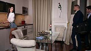 Seductive Cleaner Candie Luciani Tempts Businessmen into DP Fucking