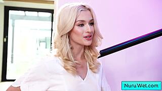 Busty skinny blonde masseuse pours nuru gel, rubs naked on client