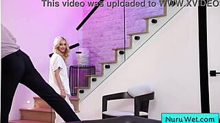 Busty skinny blonde masseuse pours nuru gel, rubs naked on client