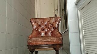 Guy of Big Dick Takes Armchair to Bathroom and Masturbates