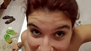 chiara says, 'piss on my tits' in the bathroom