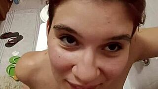 chiara says, 'piss on my tits' in the bathroom