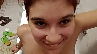 chiara says, 'piss on my tits' in the bathroom