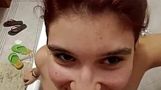 chiara says, 'piss on my tits' in the bathroom