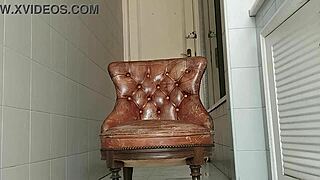 Guy of Big Dick Takes Armchair to Bathroom and Masturbates