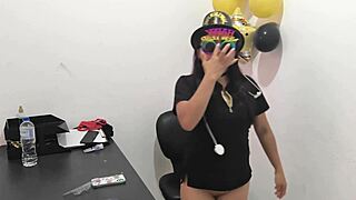 The new executive moans like a whore trying her boyfriend's anal plug