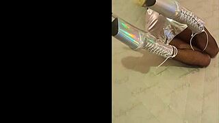 total silver and fishnet pantyhose with beautiful ankle boots and high heels