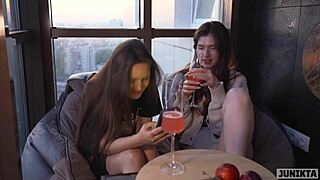 two girlfriends interacting with food delivery guy part 1