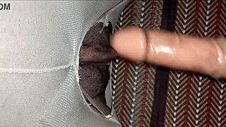 the girl invites the dildo into her tight pussy while my cock joins the fun