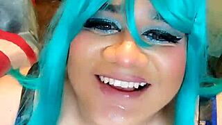 Transsexual Bunny Rides Big Cock with Cumshot