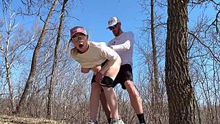 Risky outdoor blowjob and sex with curvy MILF, almost caught!