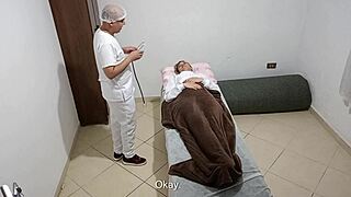 the doctor takes advantage and fills her ass with cum