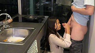 young asian fucked while cooking big white cock