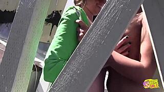 perfect brunette with big tits uses a massive dildo outdoors