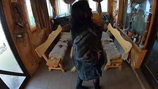 elegant fur-coated slut fucked on wooden table, covered in cum twice