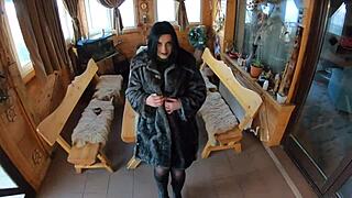 elegant fur-coated slut fucked on wooden table, covered in cum twice