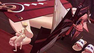 yae miko gives huge footjob to tall guy