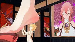 yae miko gives huge footjob to tall guy