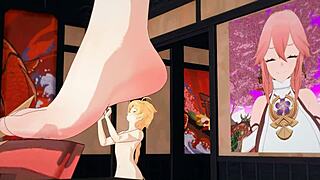 yae miko gives huge footjob to tall guy