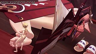 yae miko gives huge footjob to tall guy