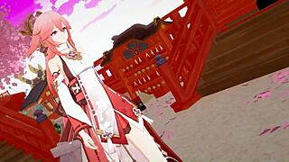 yae miko gives huge footjob to tall guy