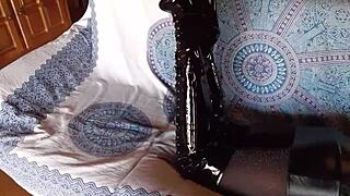 total black with fishnets pantyhose and boots over the knee