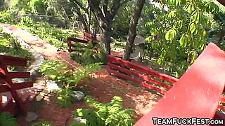 naughty blonde trio rides group cock in garden