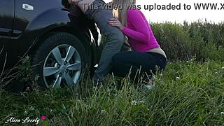 horny taxi driver fucks blonde hard by the car at sunset in amateur outdoor sex