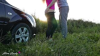 horny taxi driver fucks blonde hard by the car at sunset in amateur outdoor sex