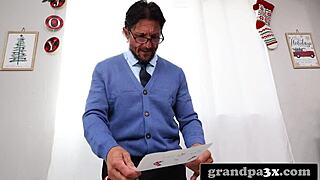 old man in santa suit gives young slut a big cock present