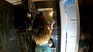 Petite cheerleader strips in bathroom, shows under miniskirt