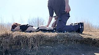 Young girl learns fishing in the forest with close-up moans