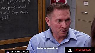 devils film - wild threesome with hot student and her sexy stepmom in a classroom