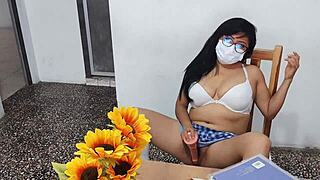 a fake student in a sexy short skirt masturbates at home with a dildo her tits look inflated 😏