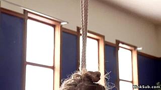 group ties slave in rope bondage for rough anal threesome pain