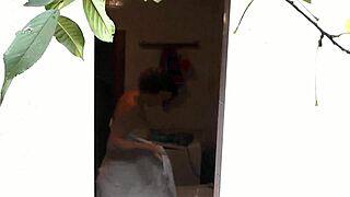 Neighbor watches sexy milf shower outdoors with wet pussy tease