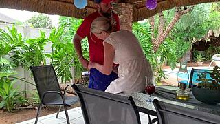 sexy neighbor bends over skirt up shaved pussy creampie pounding