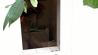 Neighbor watches sexy milf shower outdoors with wet pussy tease
