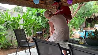 sexy neighbor bends over skirt up shaved pussy creampie pounding