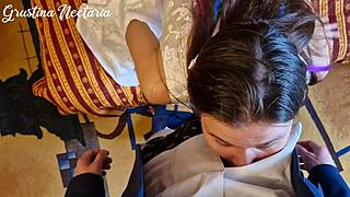 newlywed couple homemade doggystyle in bedroom stockings